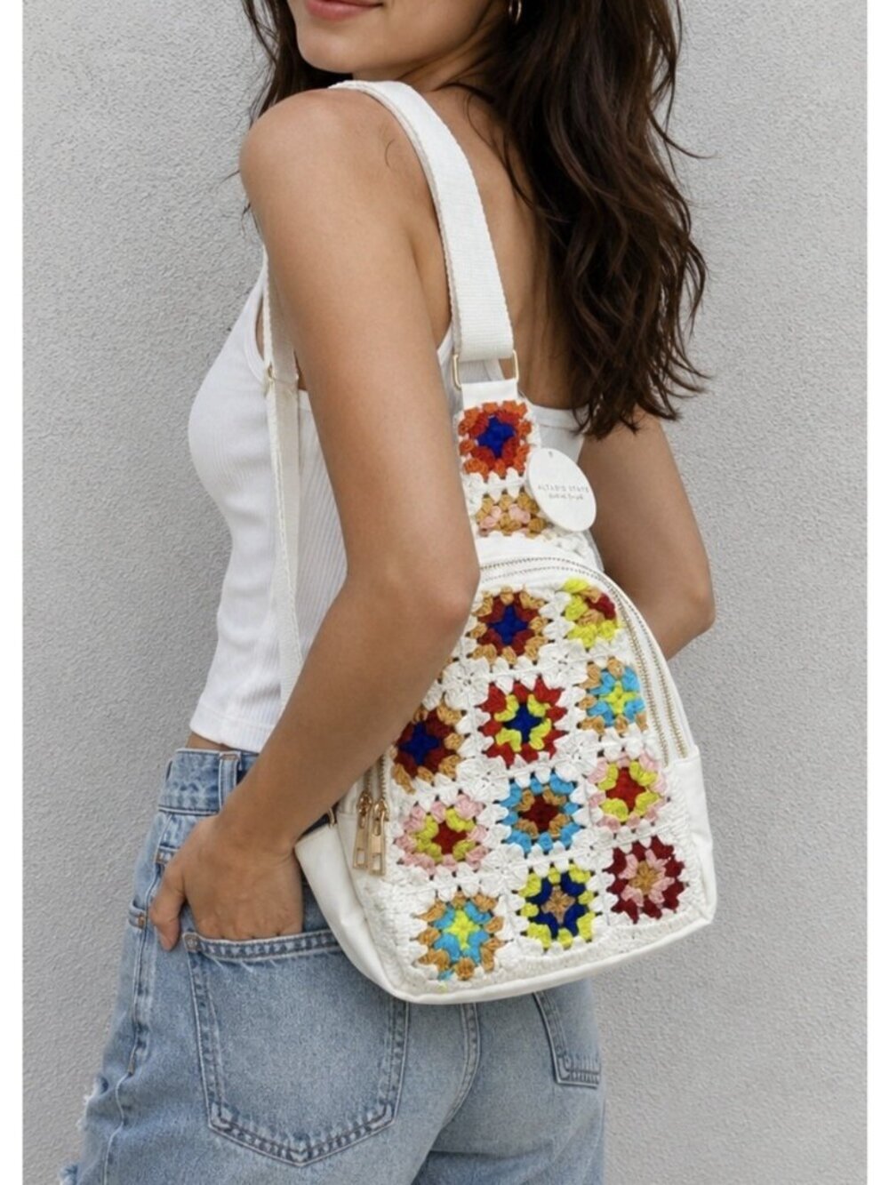 Altar'd State Crochet Granny Square Crossbody Bag Purse Faux Leather Boho